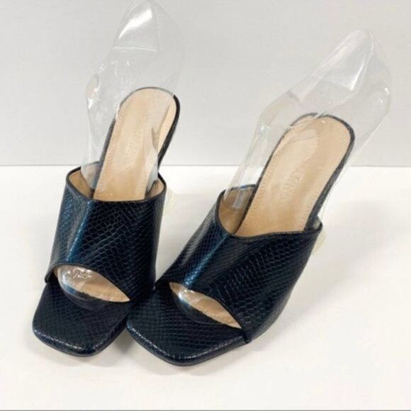 Women Peep Toe Fashion Block Heels Slipper Faux Leather Shoes Pump Slip On Shoes - Picture 2 of 8